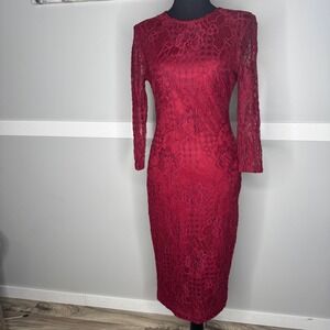 Jessica Simpson Red Floral Lace Sheath Midi Dress Long Sleeve Stretch Size 6